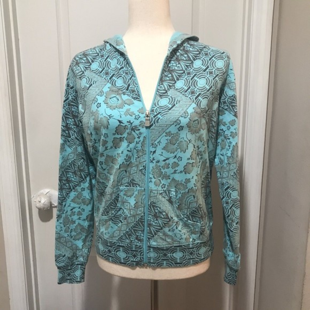 Oleg Cassini Sport Women's Hoodie‎ Size Small Light Blue/Brown Front Zip